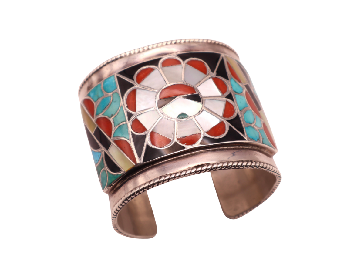 Early Zuni Channel Inlay Sunface Cuff Bracelet 6.5 to 6.75