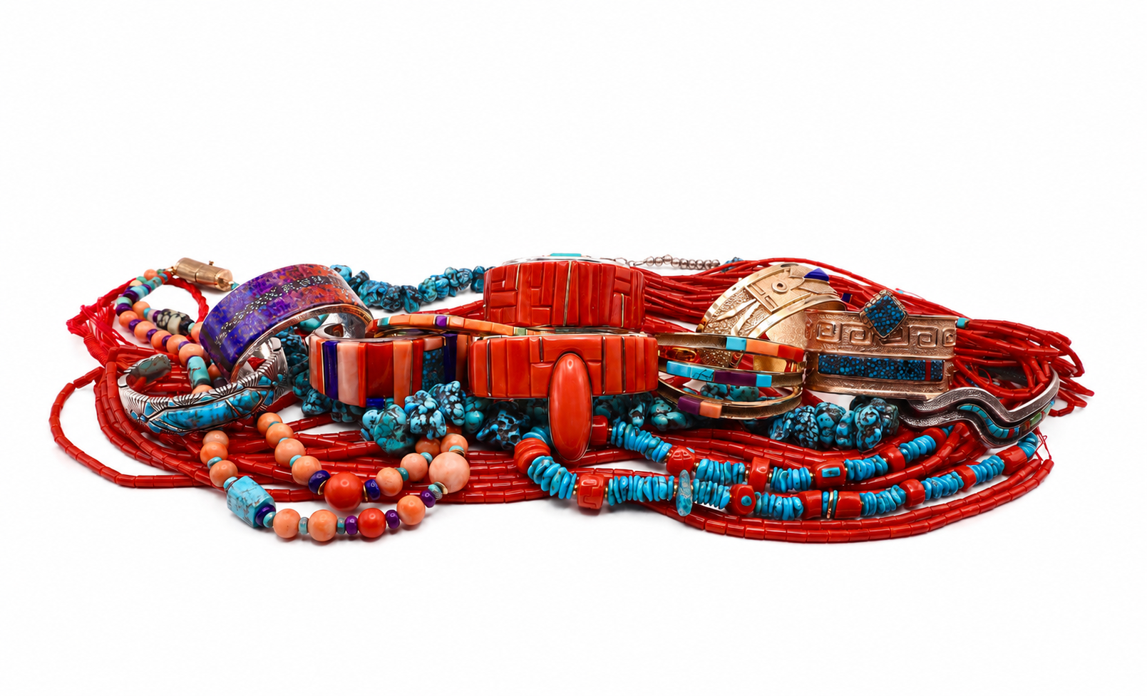 An assortment of colorful jewelry, including necklaces, bracelets, and bangles, arranged on a white background.