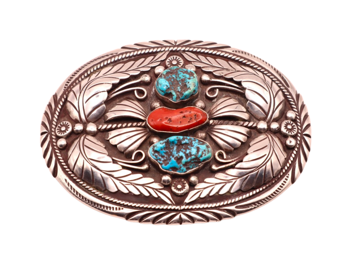 John G Begay Oval Turquoise and Coral Nugget Buckle