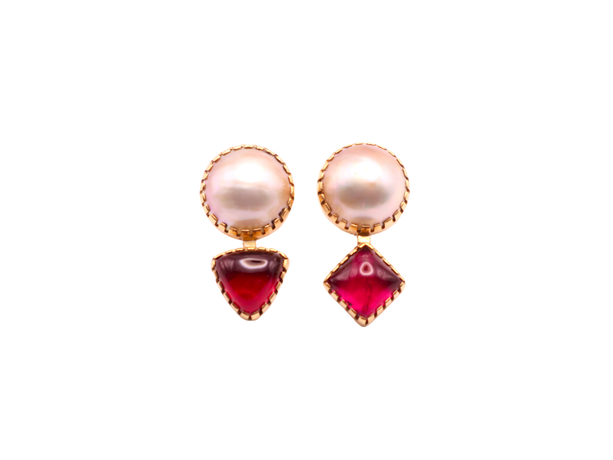Gail Bird and Yazzie Johnson 18k Pearl and Pink Tourmaline Earrings