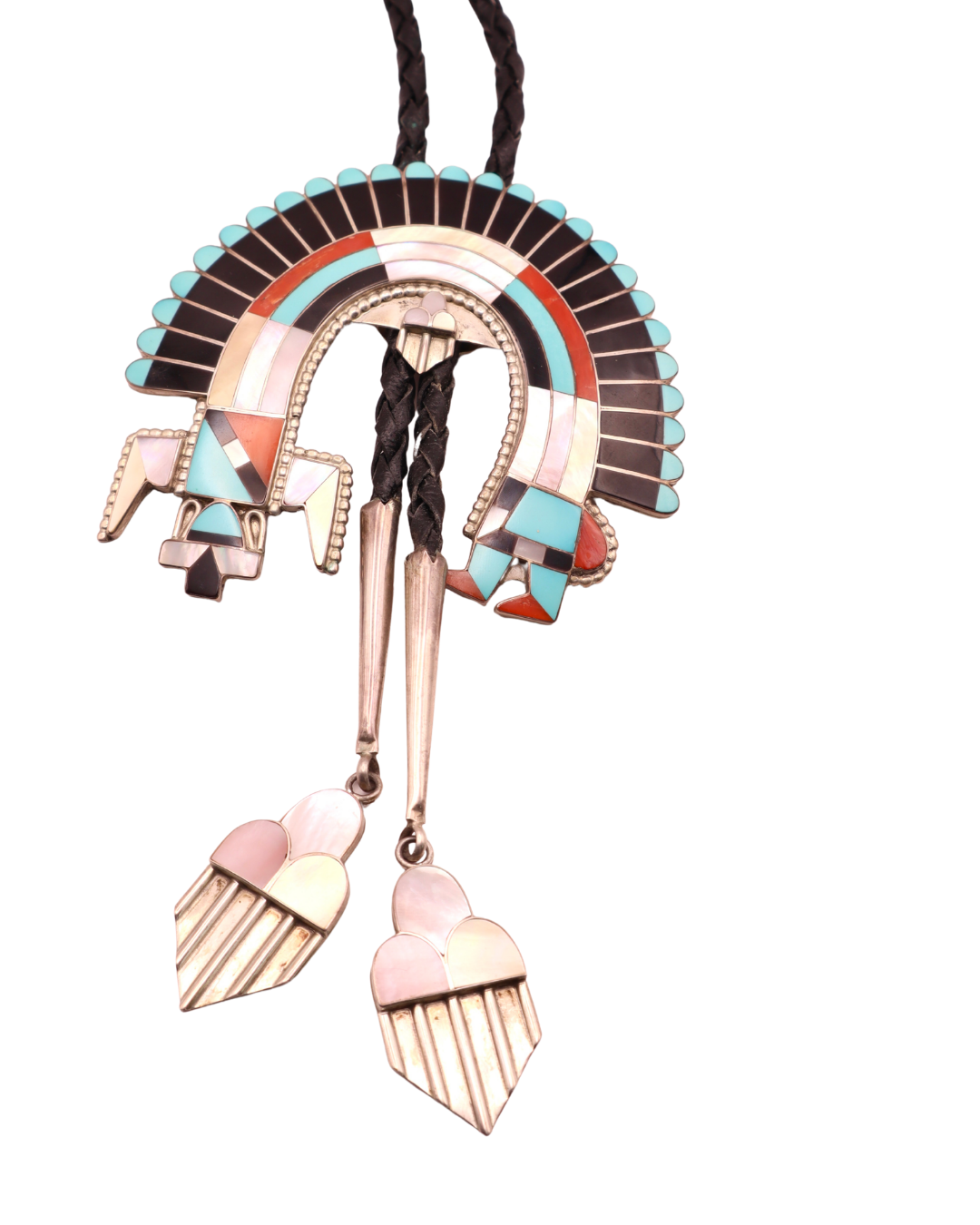 Large Zuni Inlaid Rainbowman Bolo w/ Cloud Tips