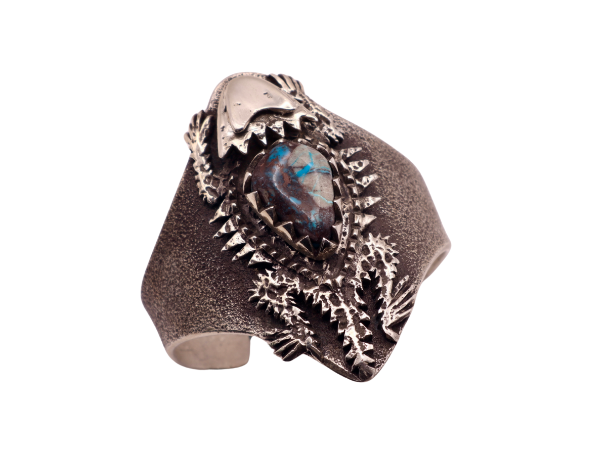 Philander Begay Bisbee Turquoise Horn Toad Silver Tufa Cast Bracelet 6.25