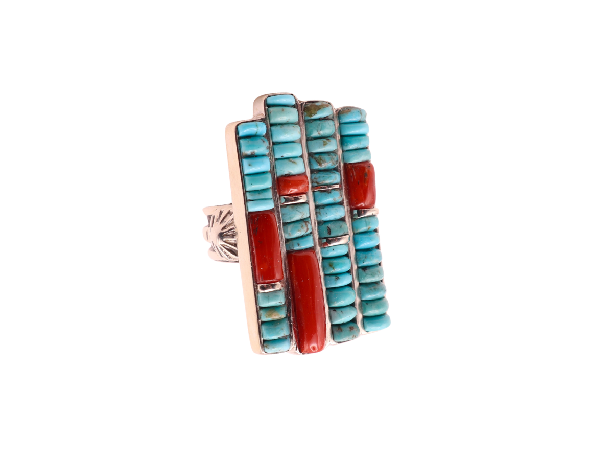 Vernon Begaye Turquoise and Coral Hieshi Ring 7.5