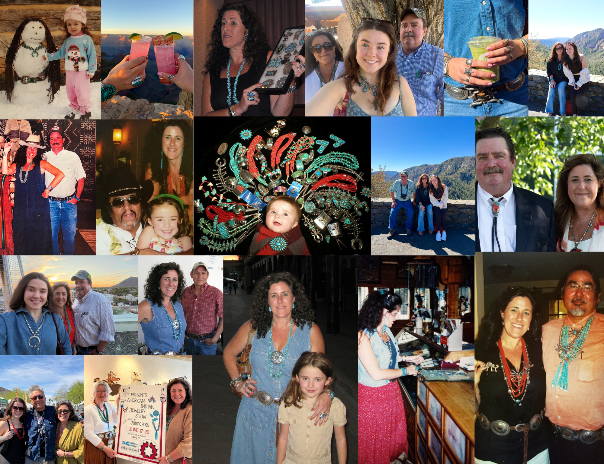 Collage of pictures showing people at various outdoor and indoor events. Includes smiling women and children, jewelry displays, group photos, and scenic backgrounds.