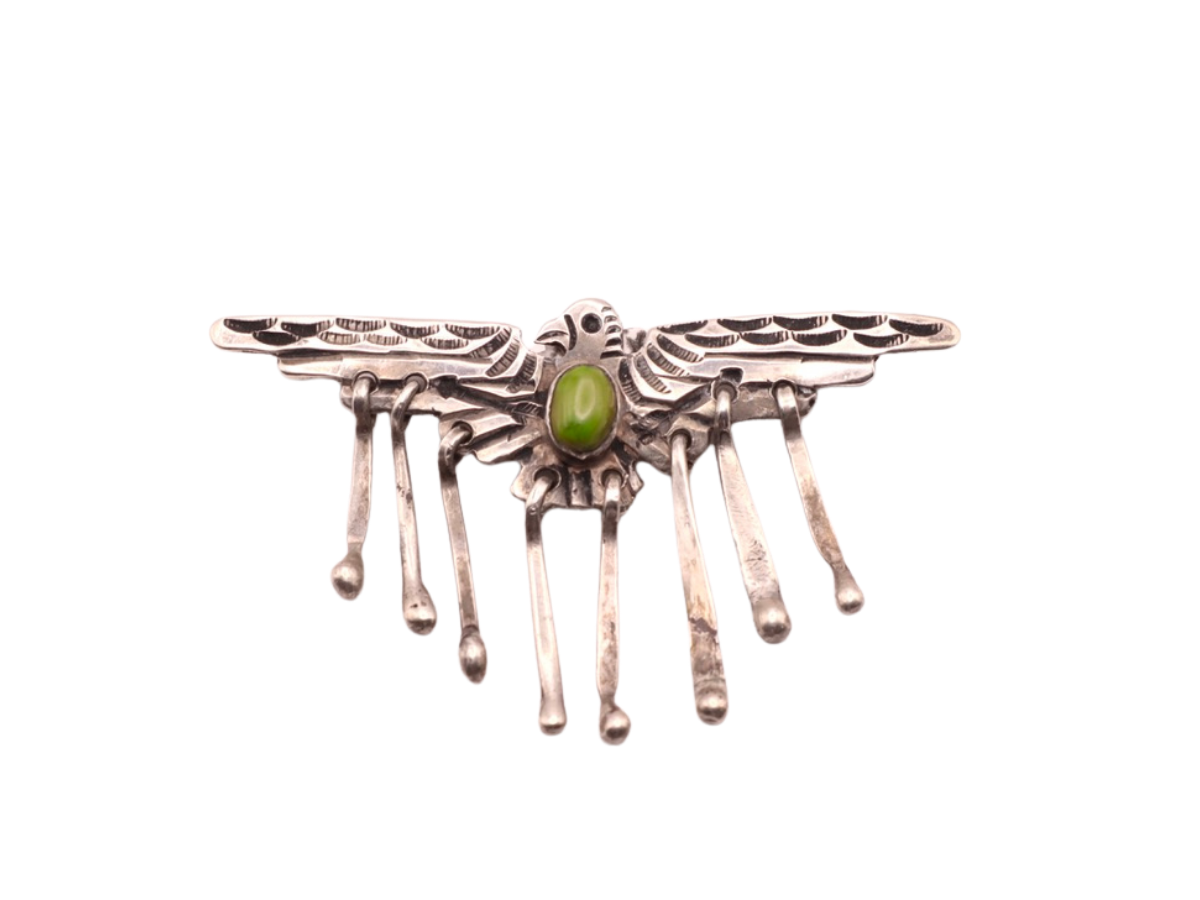 Early Coin Silver Cerrillos Thunderbird Pin with Dangles
