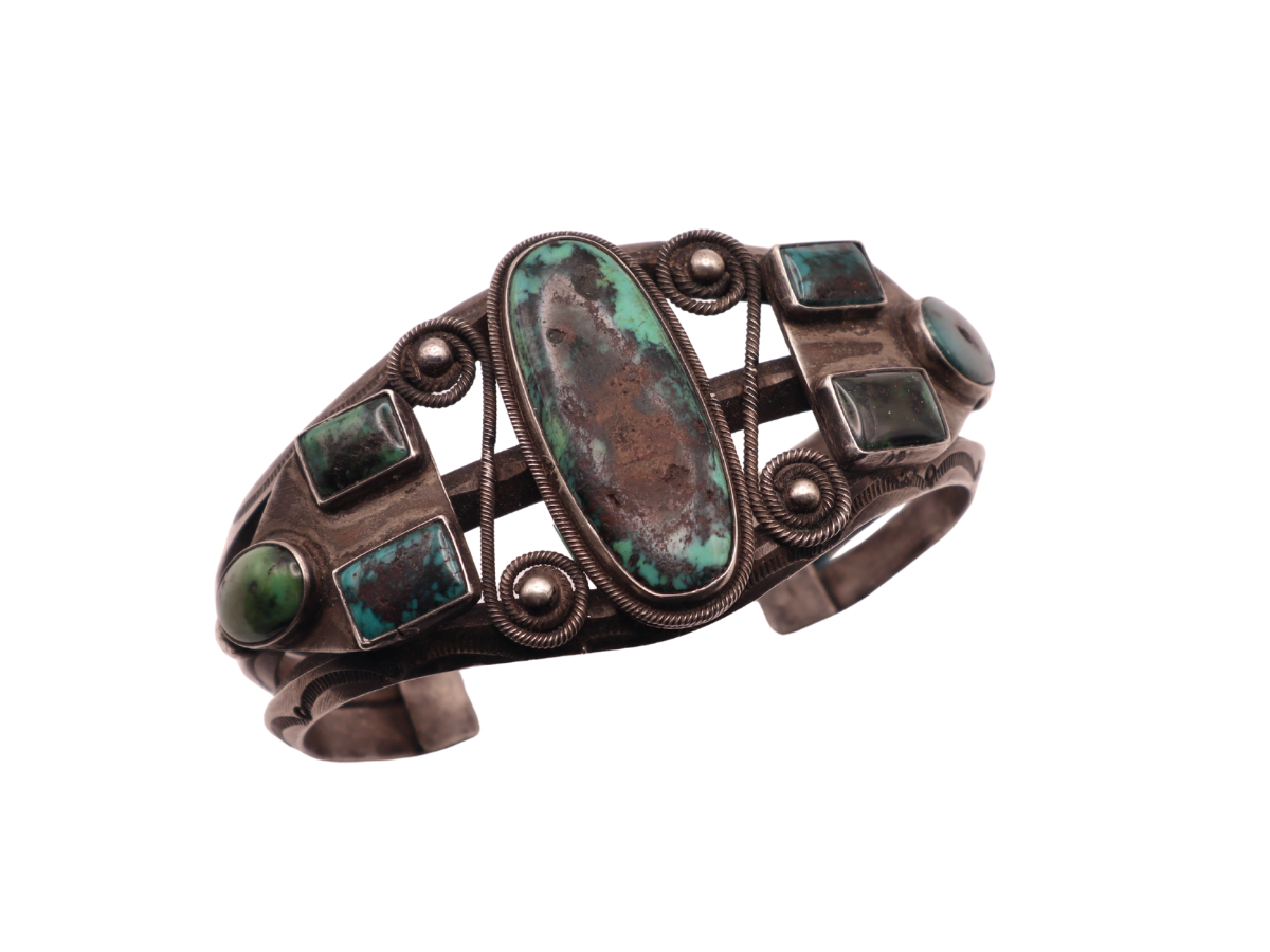 Early 1930s Seven Stone Green Turquoise Bracelet 6.75