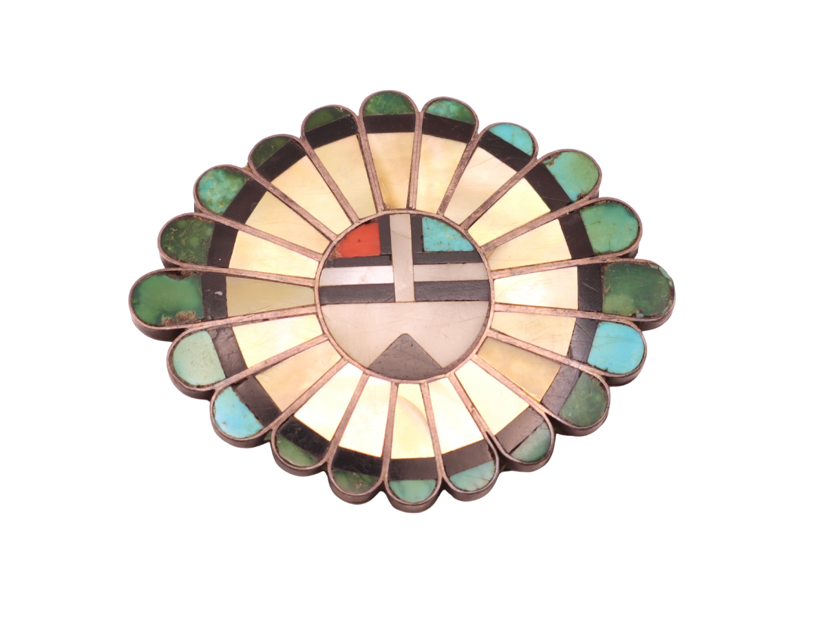 Zuni Sun Face Buckle with Turquoise Feather Tips