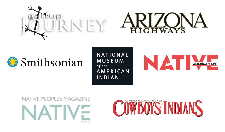 Collage of logos from various Native American and Indigenous organizations and publications, including Gattup Journey, Arizona Highways, Smithsonian, National Museum of the American Indian, Native American Art, Native Peoples Magazine, and Cowboys and Indians magazine.