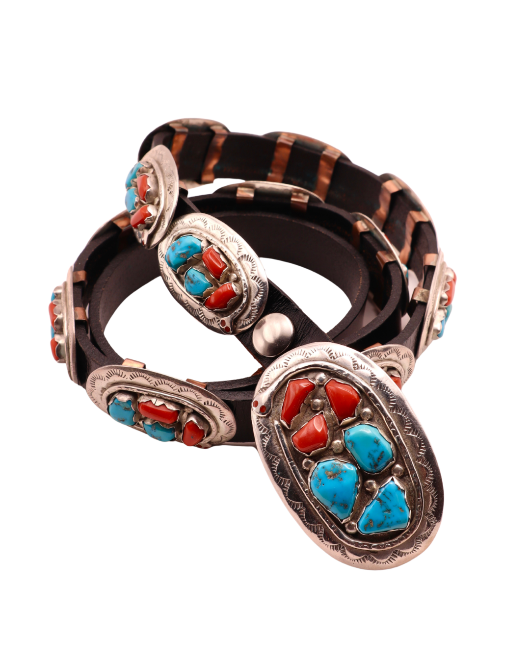 Effie Calavaza Turquoise and Coral Snake Belt