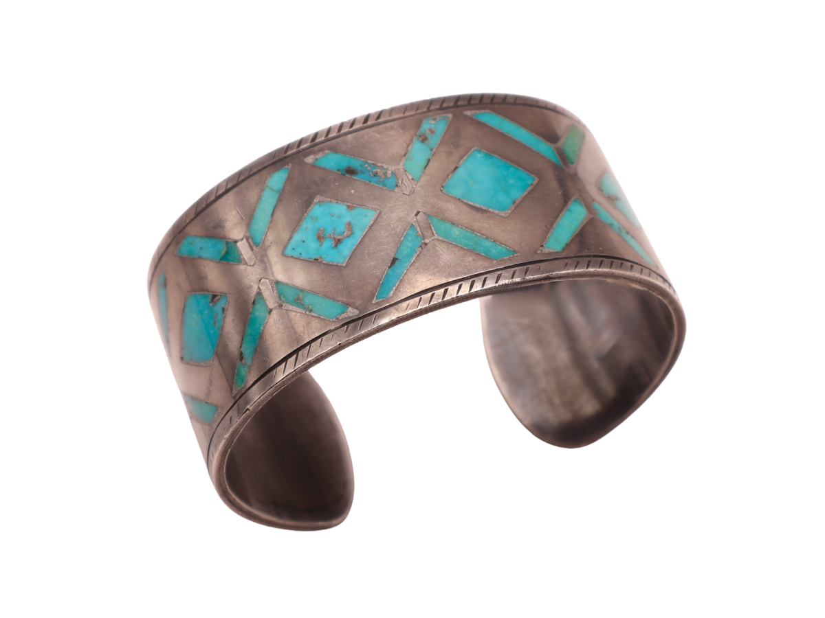 Blue Gem Inlay Mid Century Bracelet 6.25 to 6.5