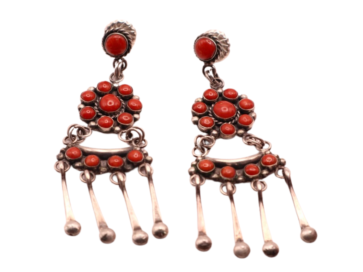Coral Cluster Silver Dangle Earrings