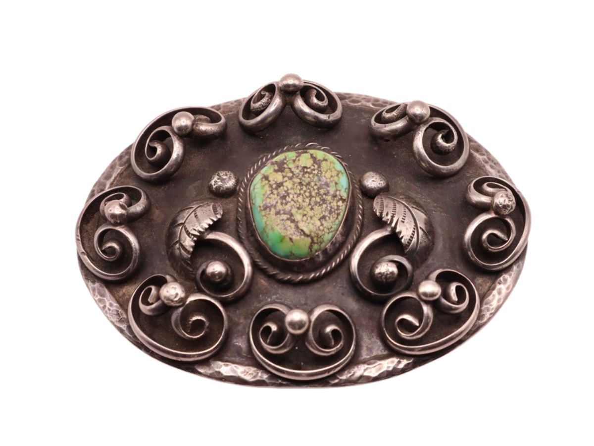 Turquoise and Silver Applique Swirl Leaf Buckle