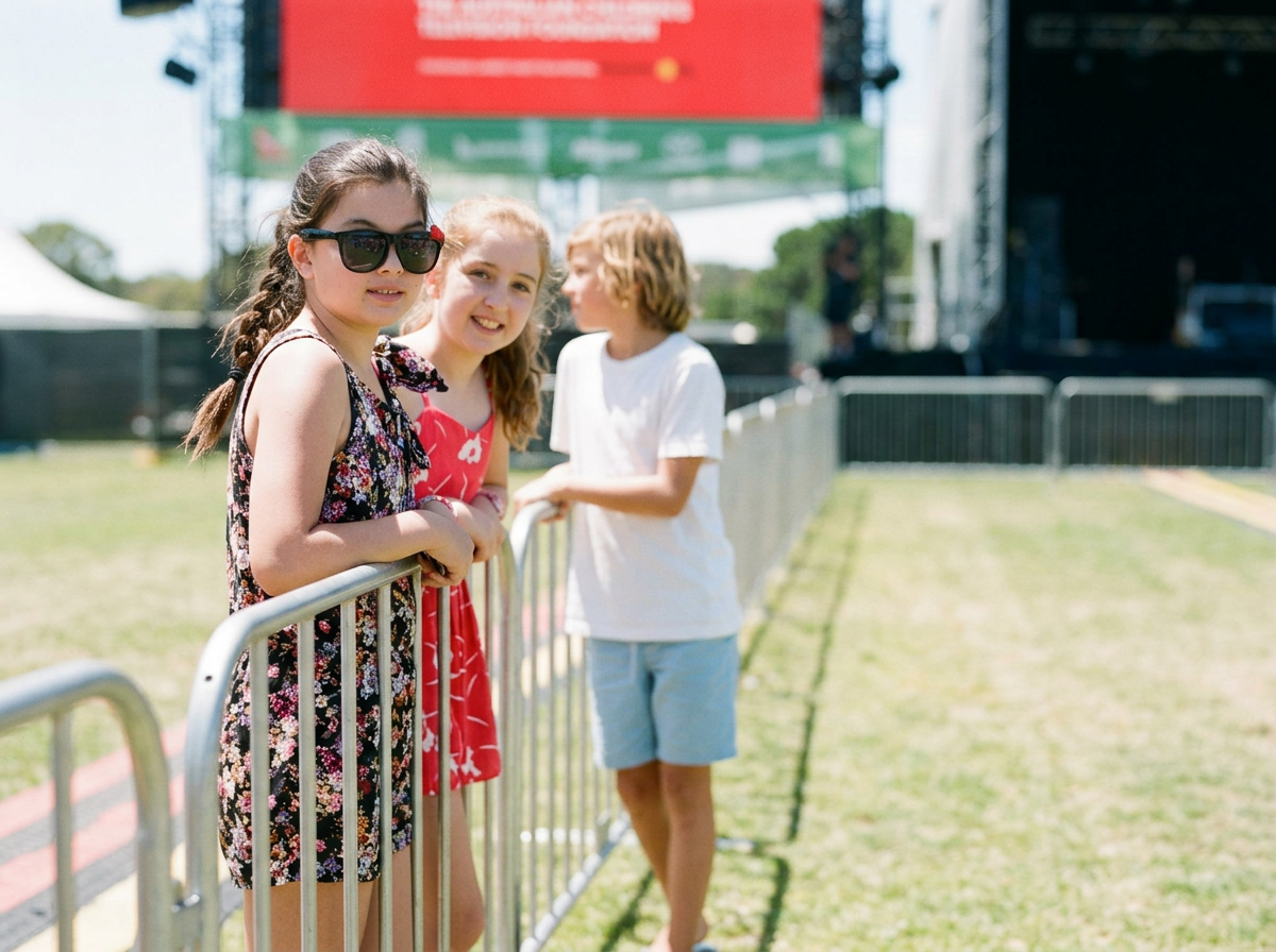 Three young filmmakers at a festival barrier, smiling together with a red Tropfest stage screen behind them