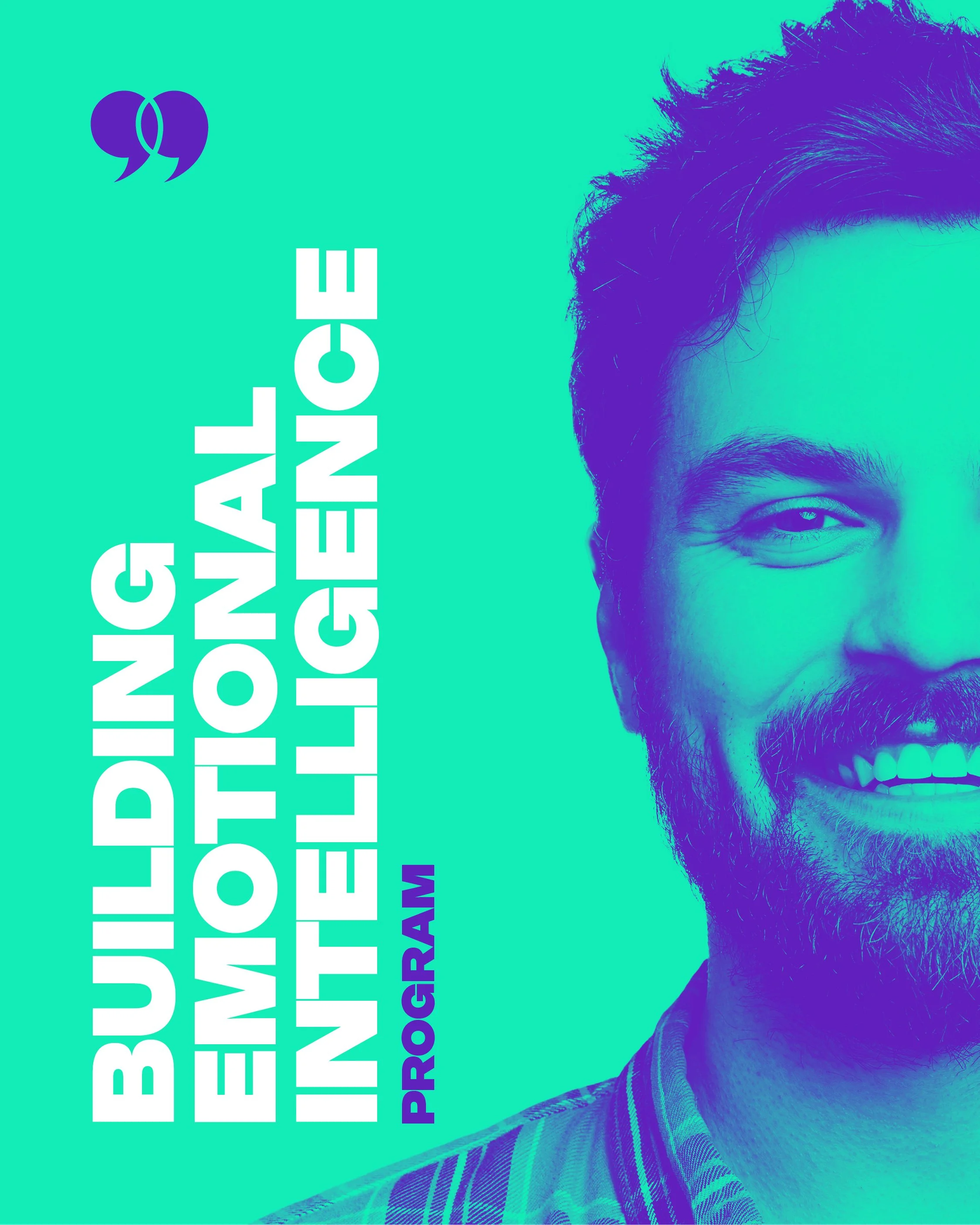 A smiling man with a beard is on the right side of the image, and the background is teal. On the left side, white text reads "BUILDING A EMBASSY ONLINE" with the word "PROGRAM" in purple beneath it. There is also a purple quotation mark symbol in the top left corner.