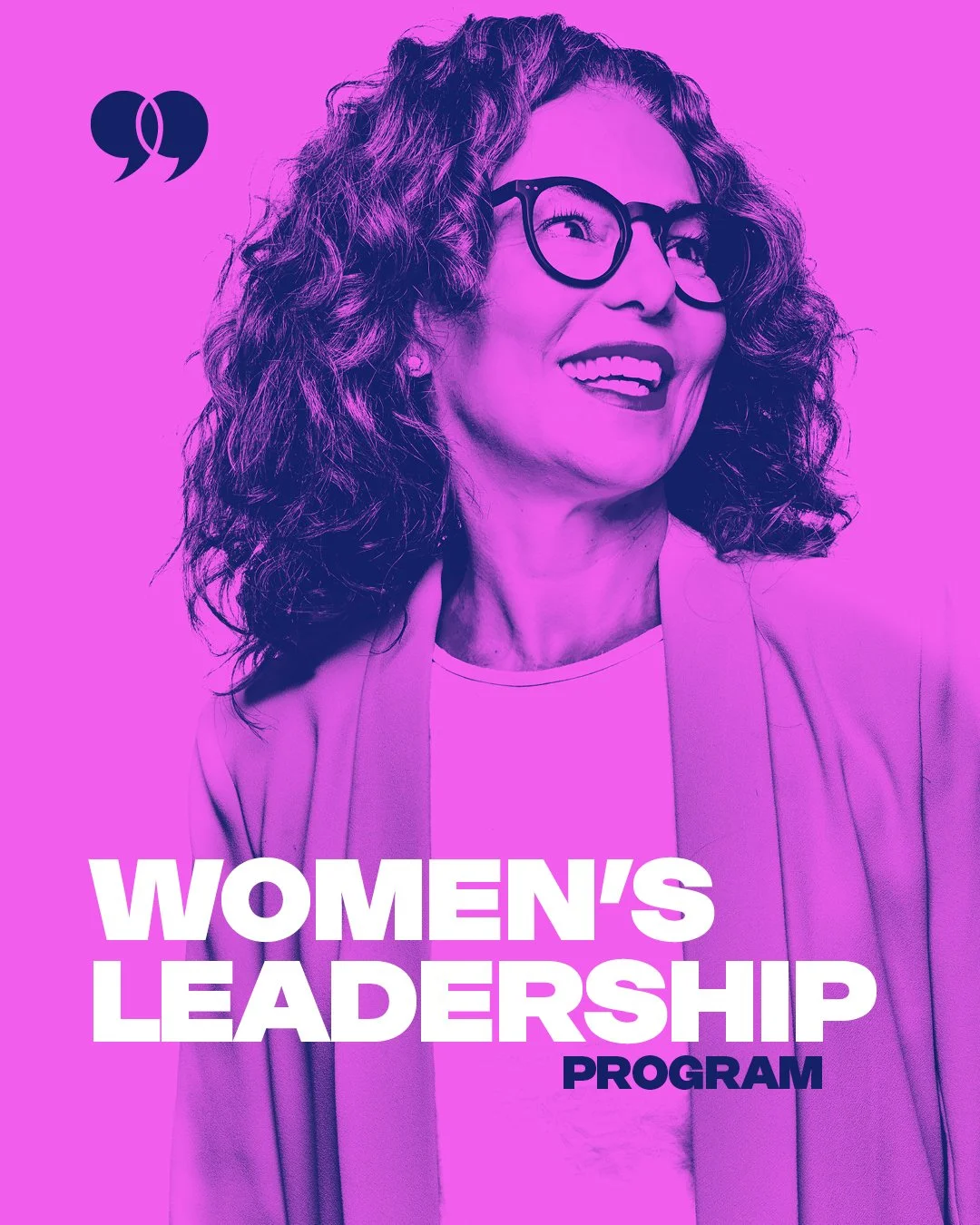 A woman with curly hair, glasses, and a bright smile, wearing a blazer over a white top, on a pink background with the text 'Women's Leadership Program'.