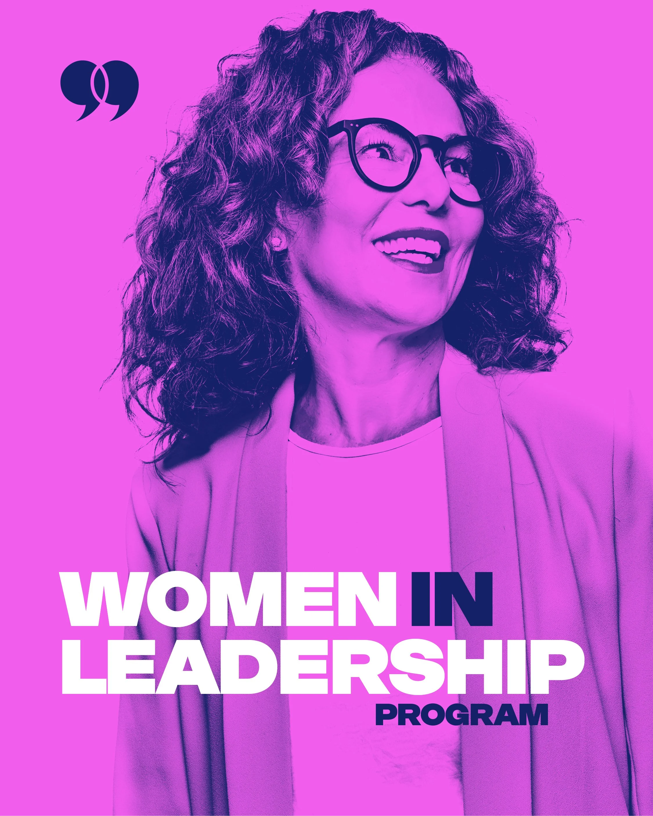A woman with curly hair and glasses smiling, with the words "Women in Leadership Program" on a pink and purple background.