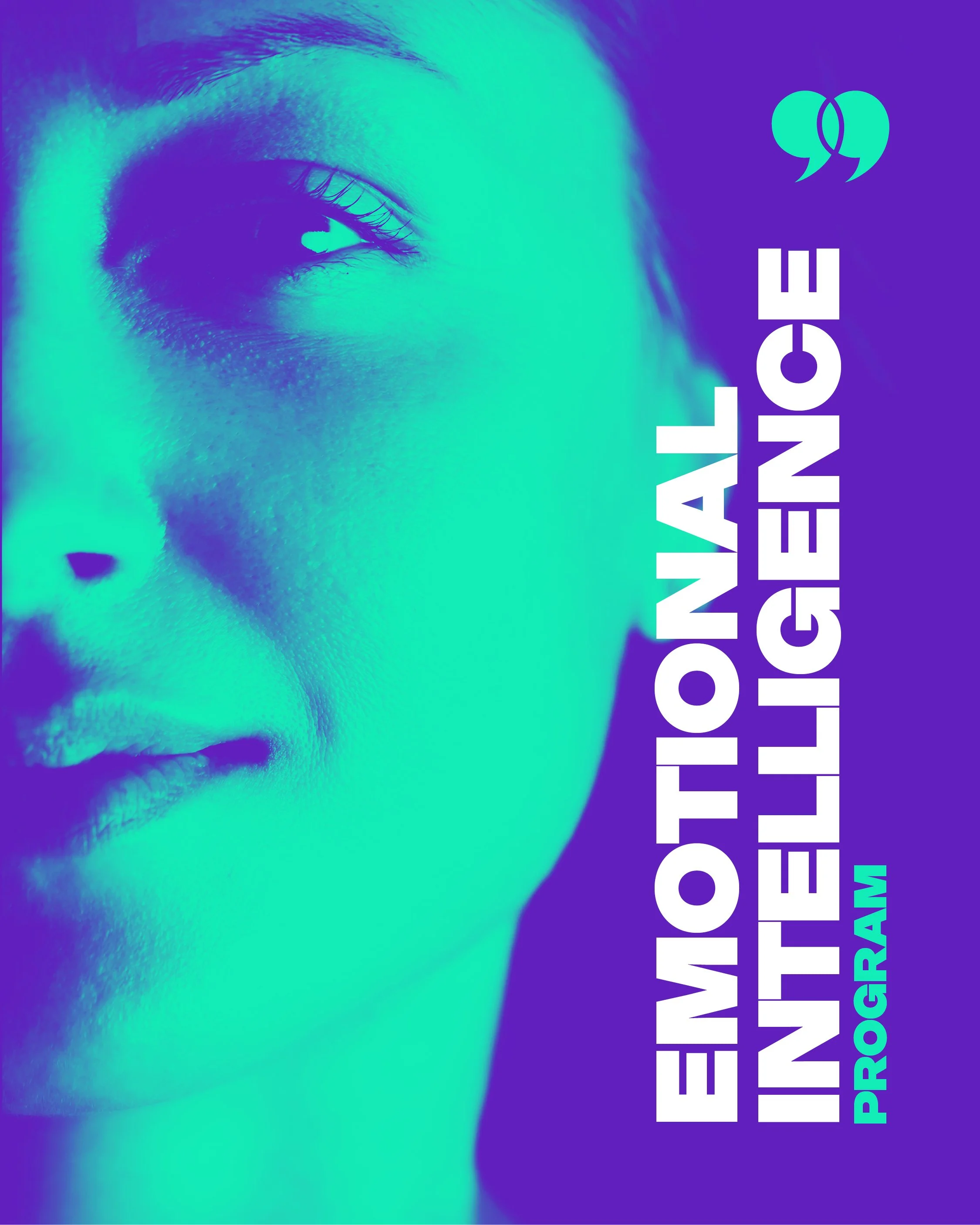 Close-up of a woman's face in blue and purple tones with text overlay saying "EMOTIONAL INTELLIGENCE PROGRAM".