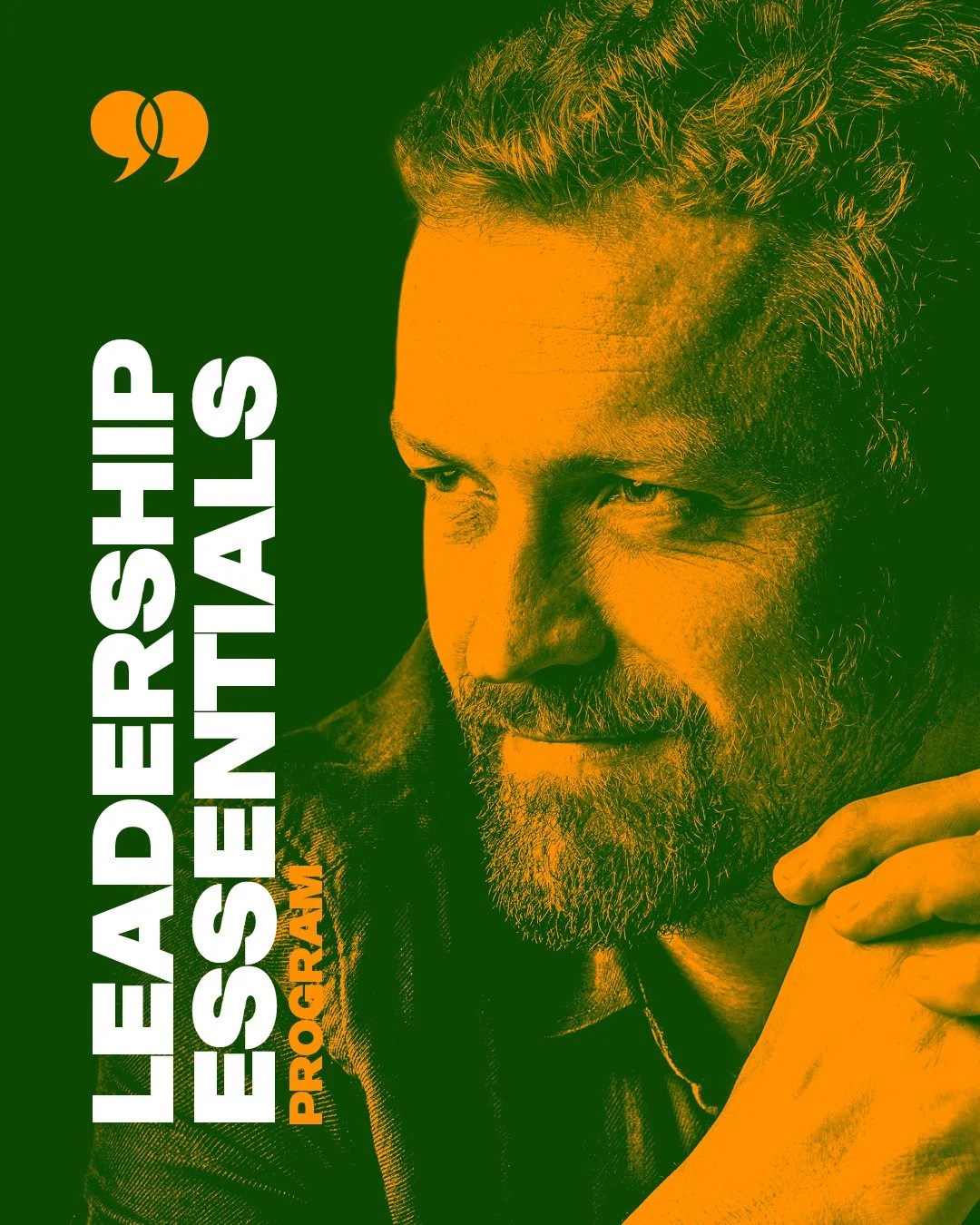A man with a beard looking to the side, holding his chin with his hand. The background is green, and the text reads 'LEADERSHIP ESSENTIALS PROGRAM' with 'PROGRAM' in orange.