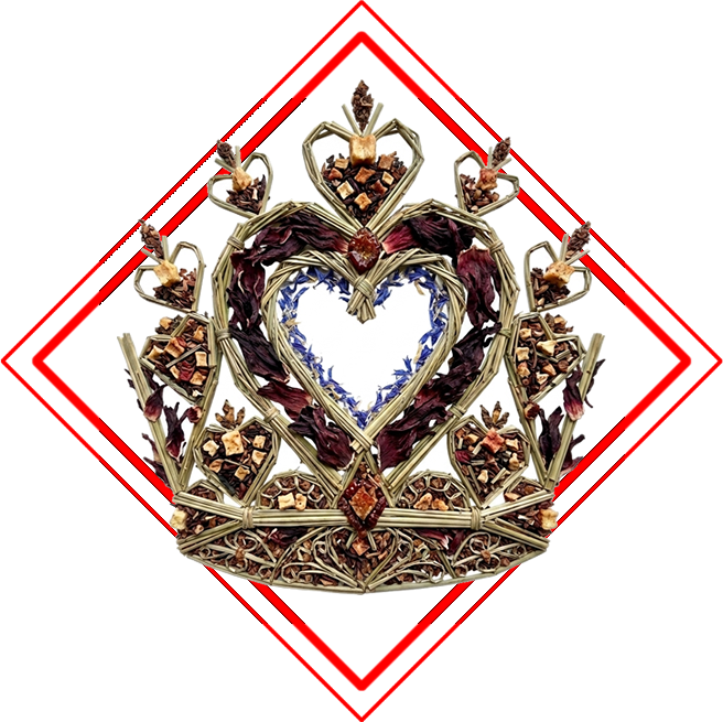 An intricately designed heart-adorned crown made from various natural materials like dried leaves, flowers, and small decorative objects, set in a red diamond outline.