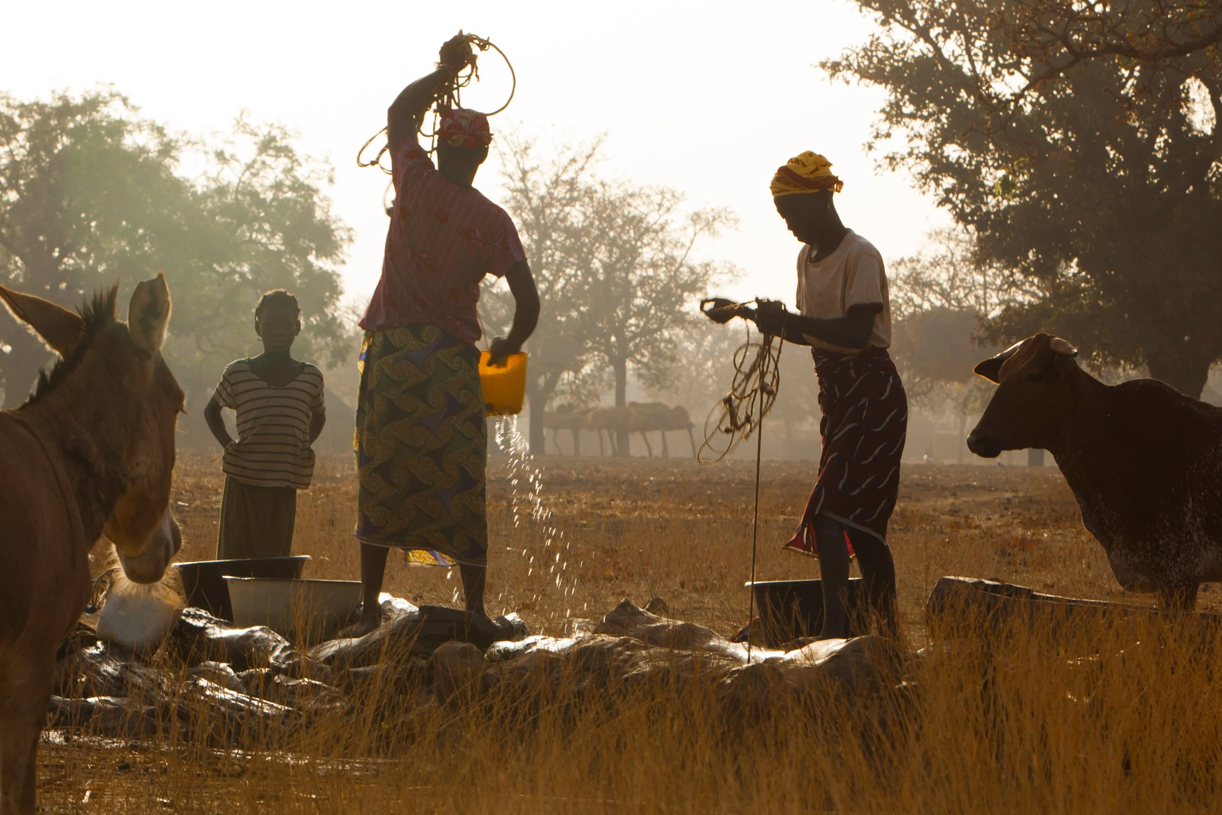 Women in an African village collecting water from a well by hand.
