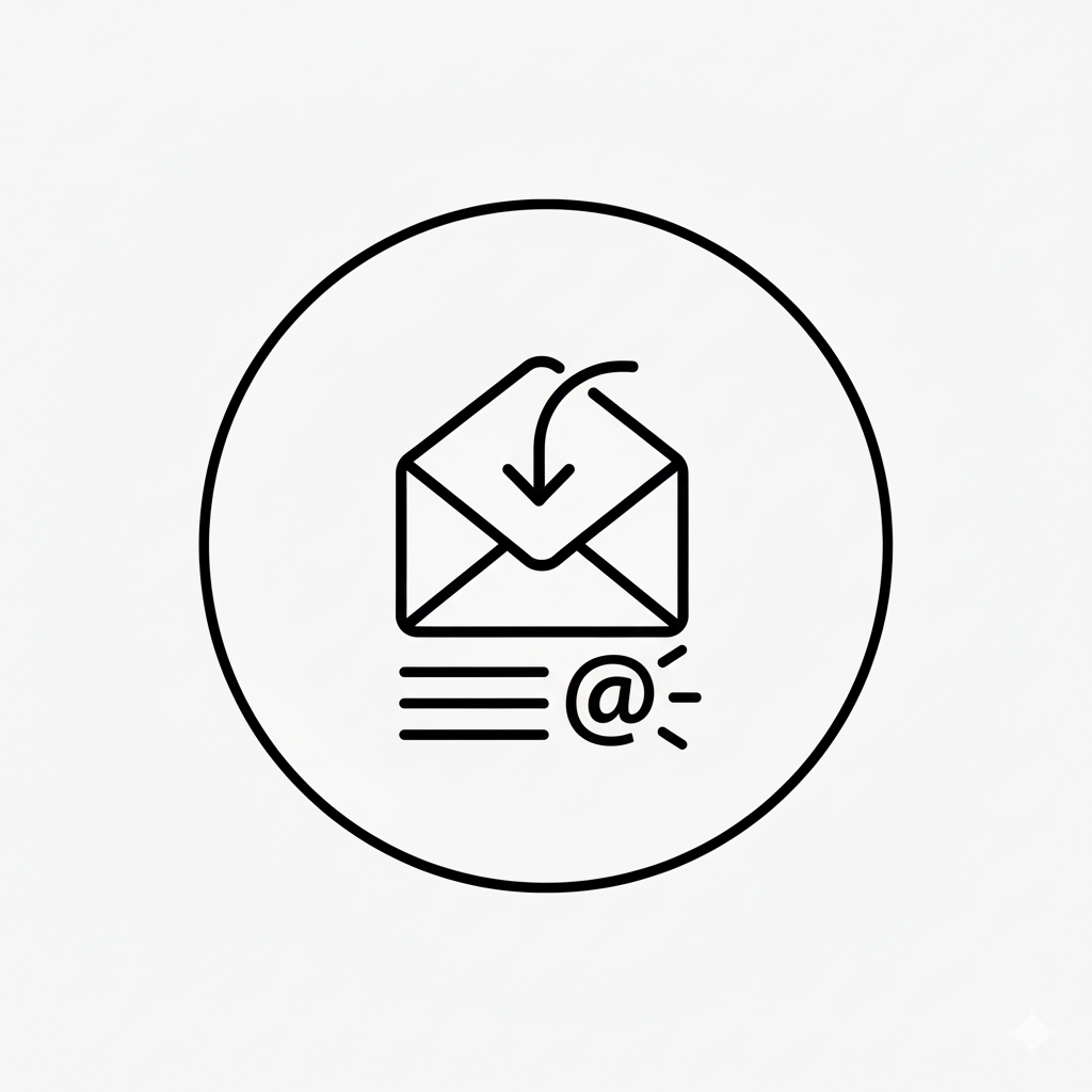 Icon of an envelope with a downward arrow, lines indicating email, and an '@' symbol outside the envelope, representing email or message return.
