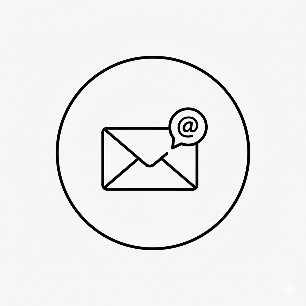 Line drawing of an envelope with an '@' symbol in a speech bubble above it, indicating email communication.