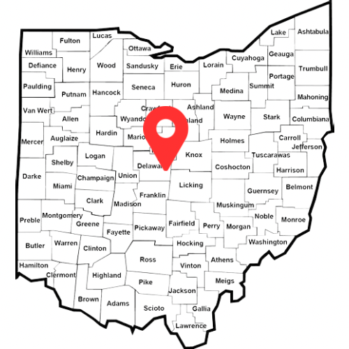 Map of Ohio with a red location marker pointing to the central region of the state.