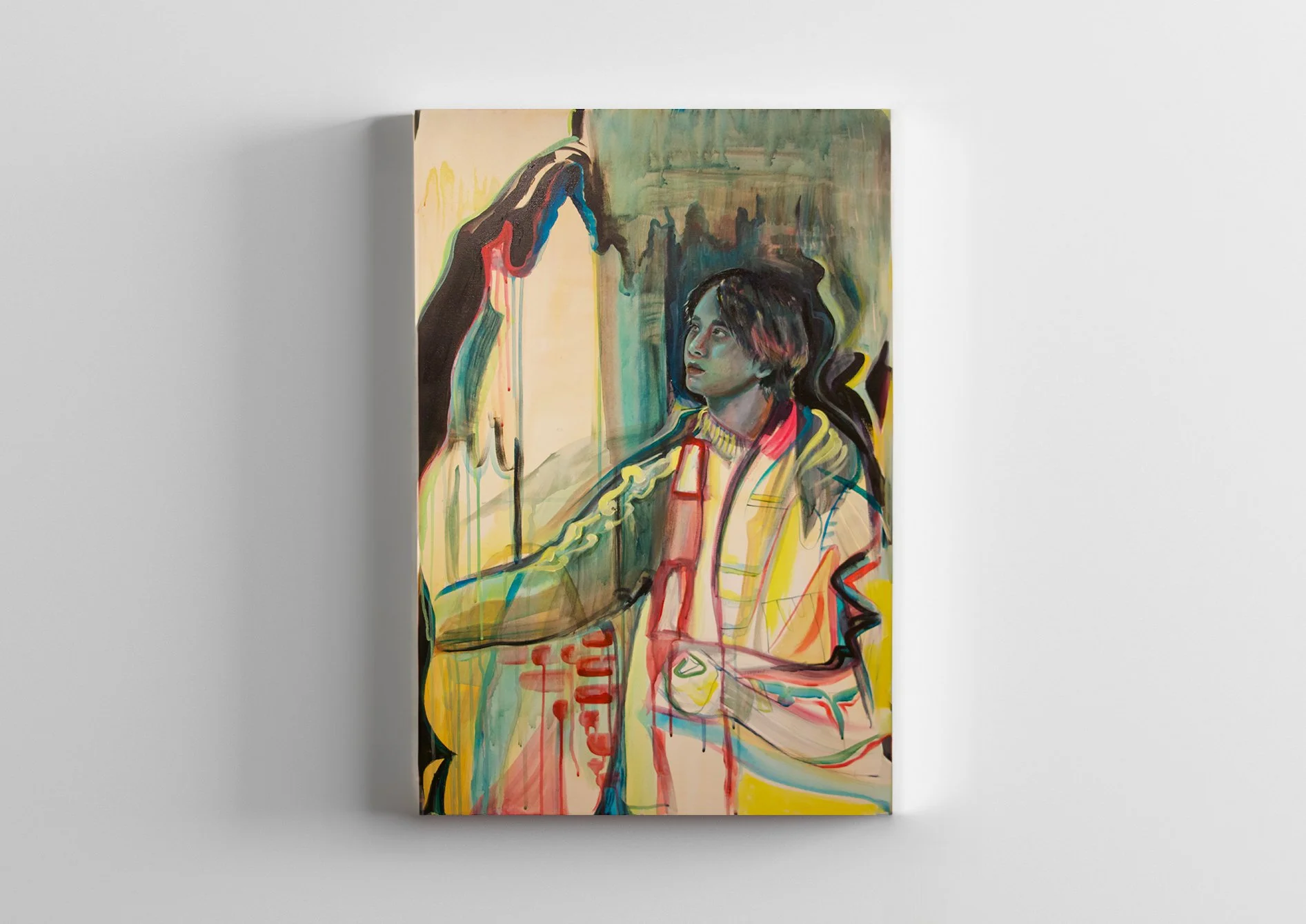 Colorful abstract painting of a person with short hair, sitting and looking upwards, with expressive brushstrokes and vibrant colors.