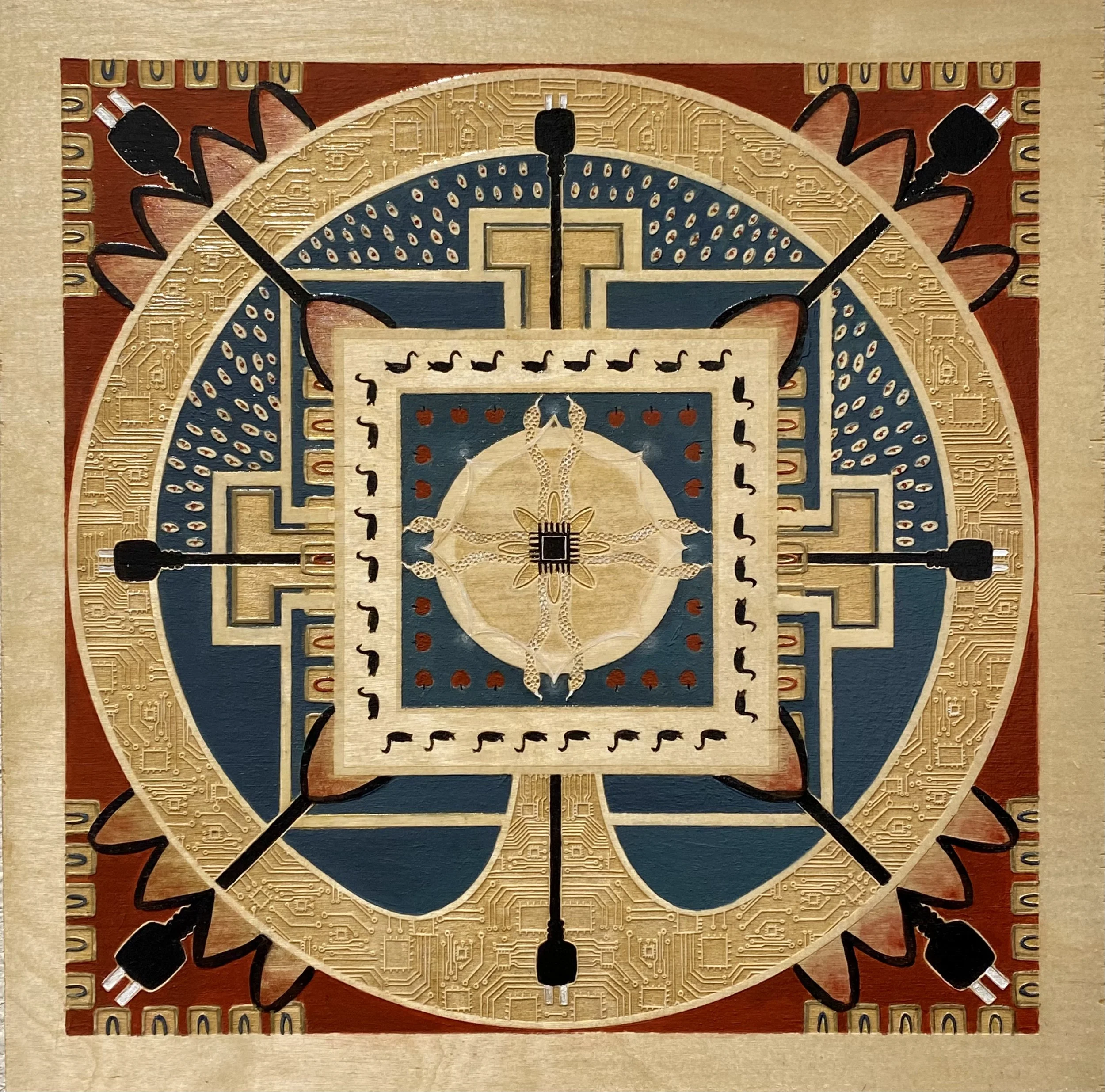 An intricate circular artwork combining digital circuitry motifs with traditional decorative elements, featuring a symmetrical pattern with circuit board textures, a central square design, and four electric plugs positioned at the edges.