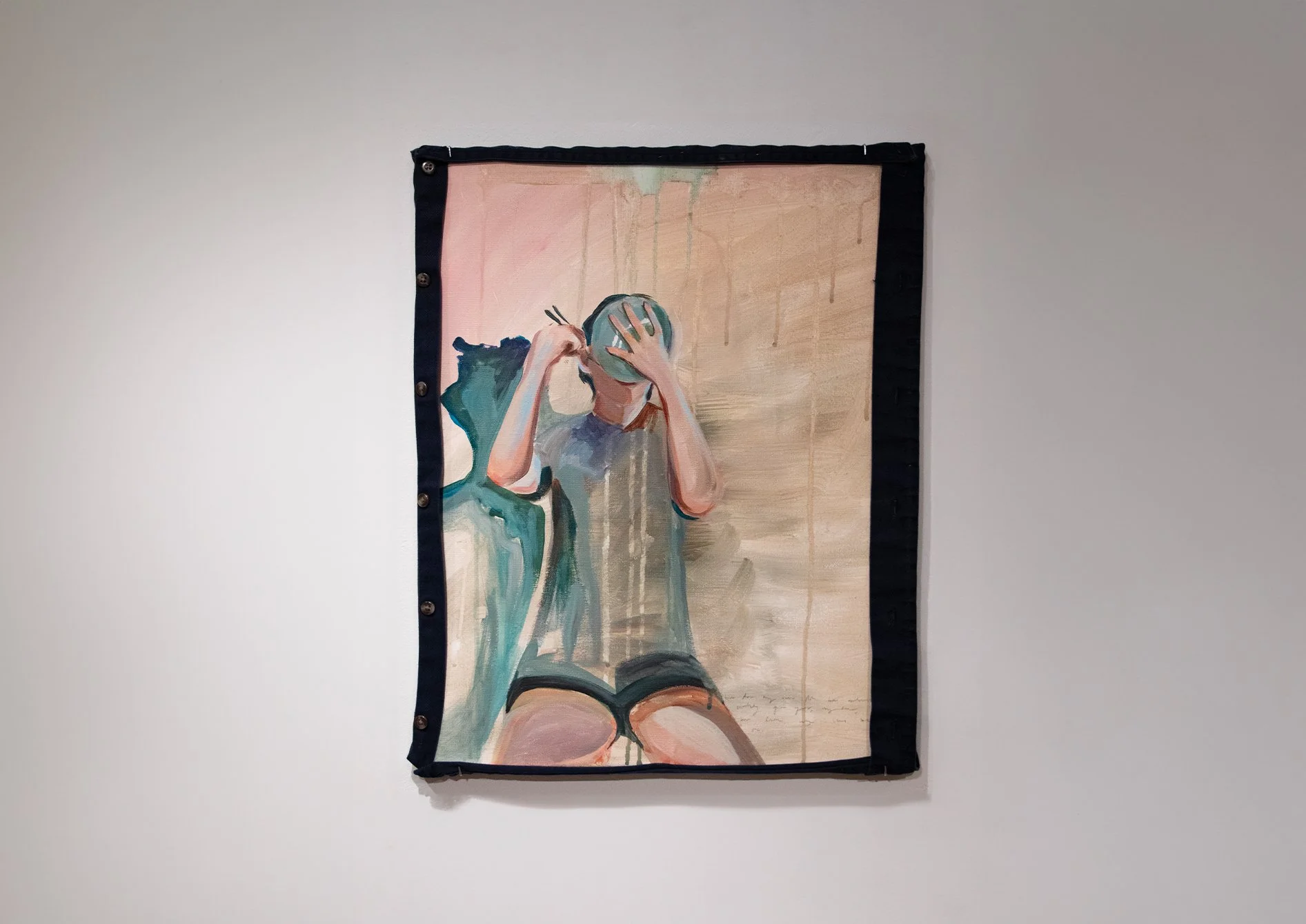 A painting of a person sitting with their back facing forward, holding a bowl over their head with one hand, and the other hand resting on their face, with minimal background detail.