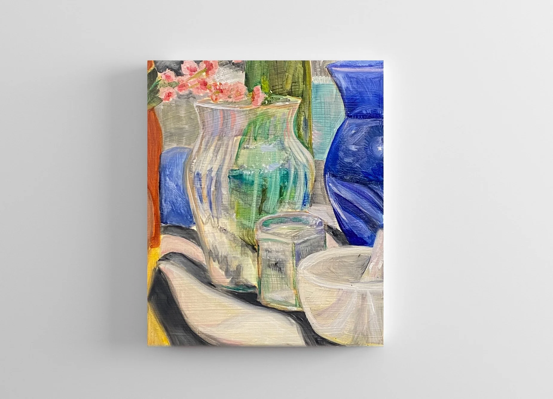 Still life painting of glass vases, a bowl, and a flower arrangement on a yellow surface.