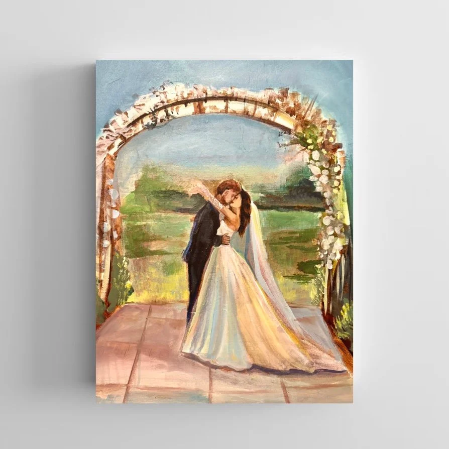 Painting of a bride and groom dancing outdoors under an arch decorated with flowers.