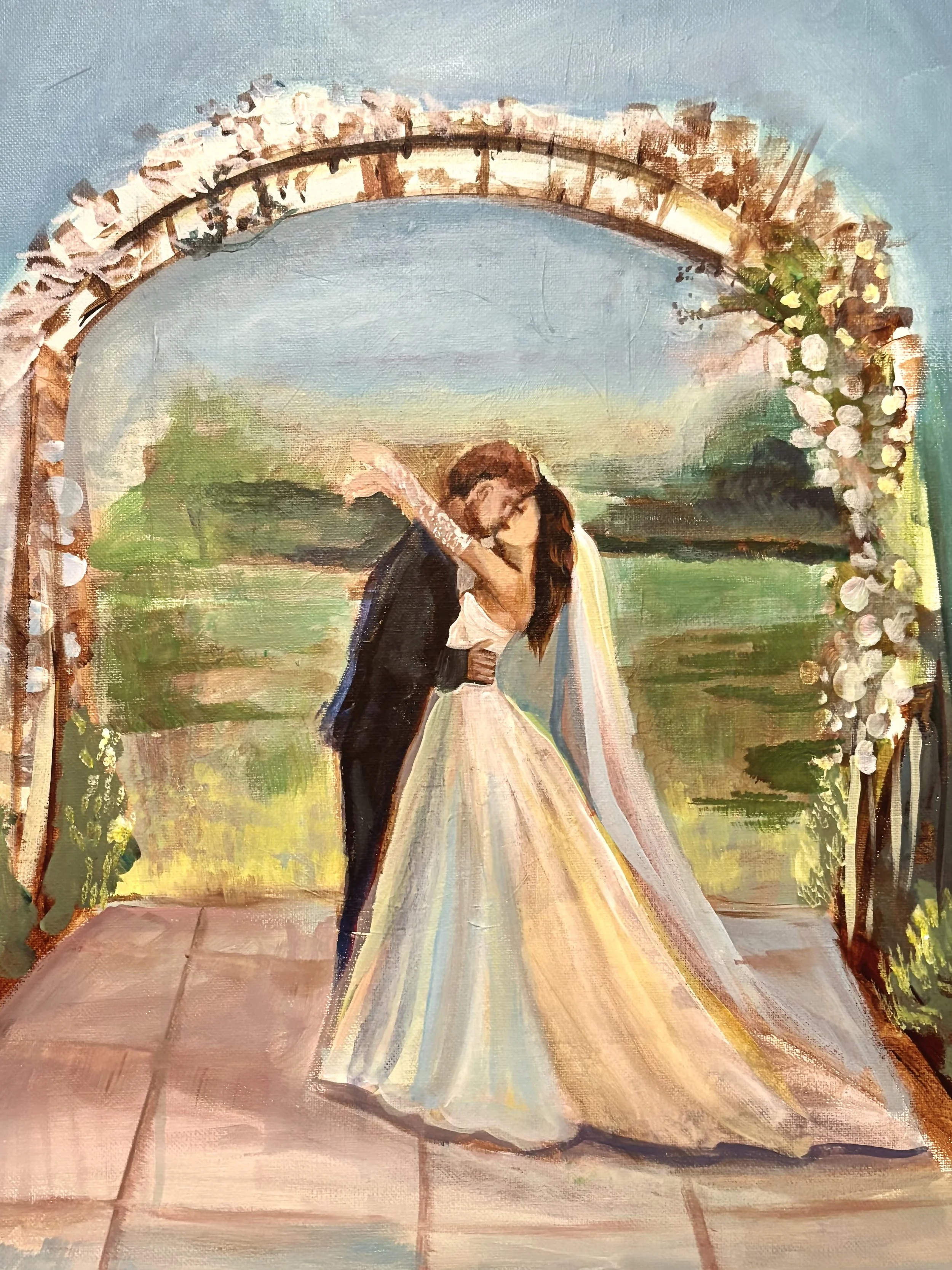 A painting of a bride and groom dancing outdoors under an arch decorated with flowers, with a landscape of trees and fields in the background.