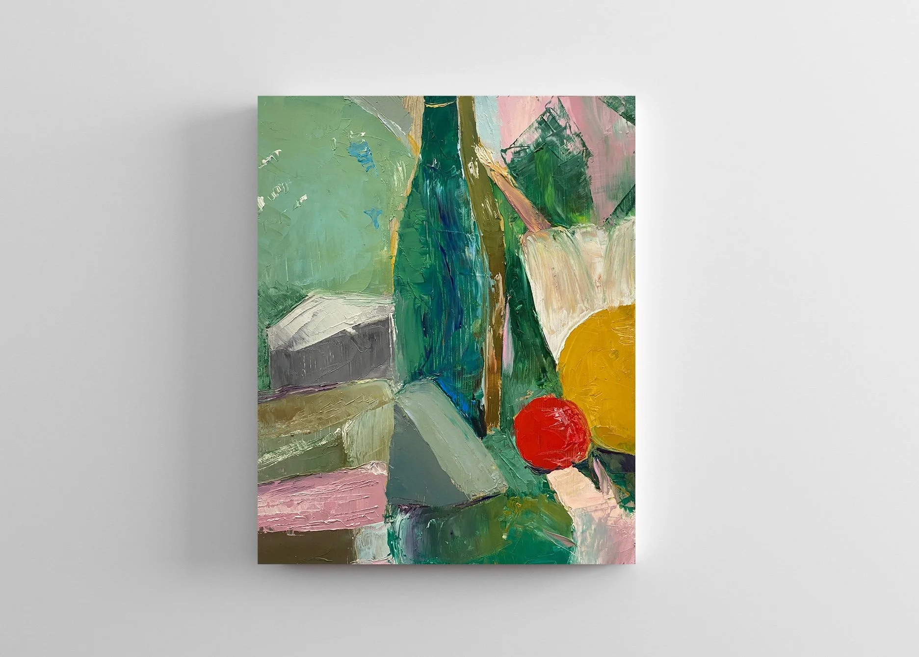 Abstract colorful painting with green, pink, yellow, orange, blue, and gray brushstrokes, featuring shapes like a red circle, yellow circle, and various geometric forms.