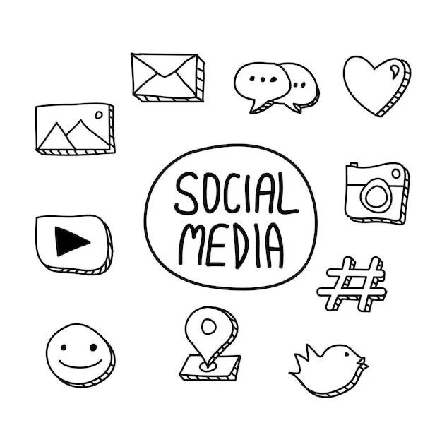 Hand-drawn social media icons including email, chat, heart, image, video, location, bird logo, camera, hashtag, smiley face, and play button.