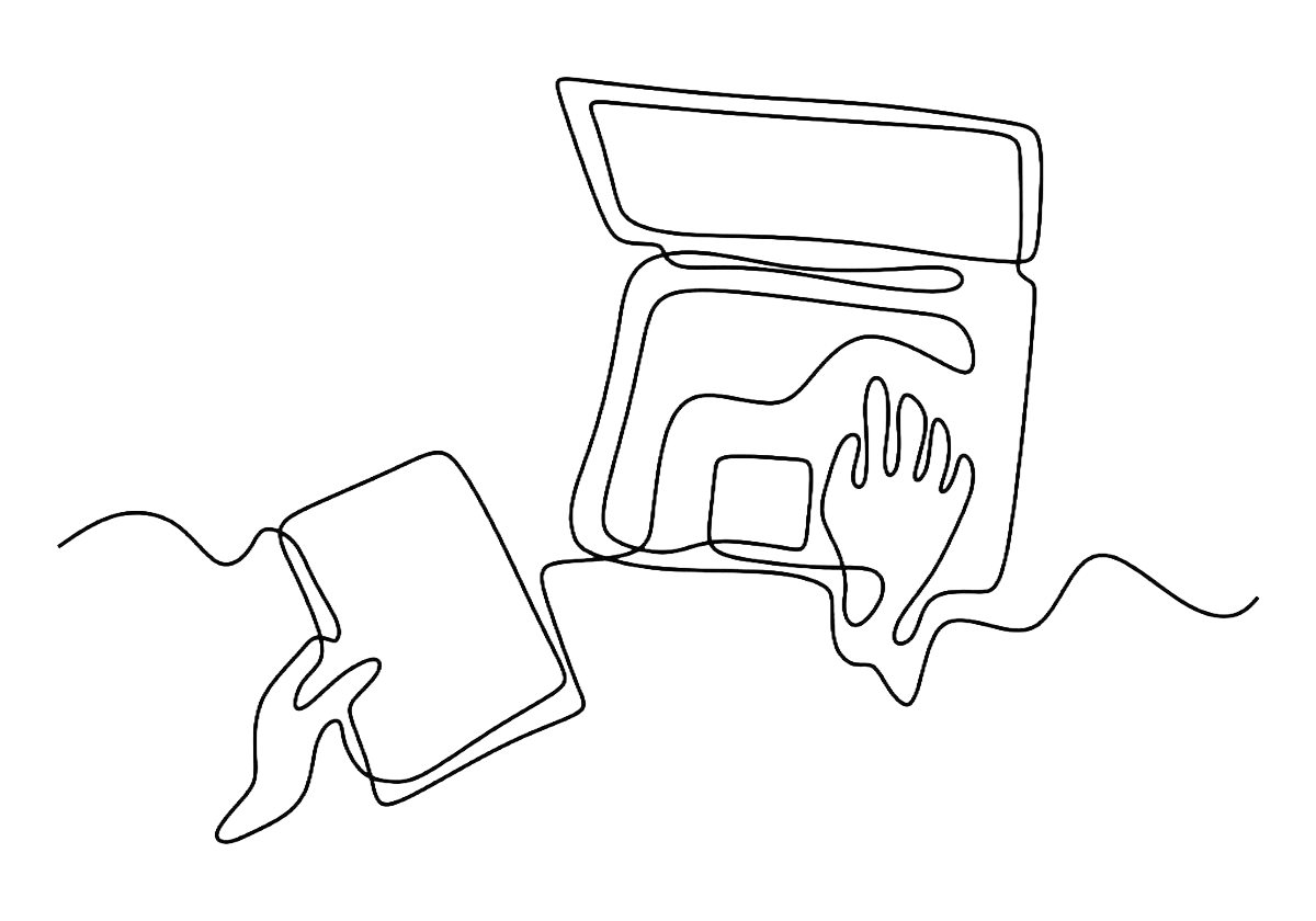 Line drawing of a person holding a smartphone in one hand and operating a laptop with the other hand.