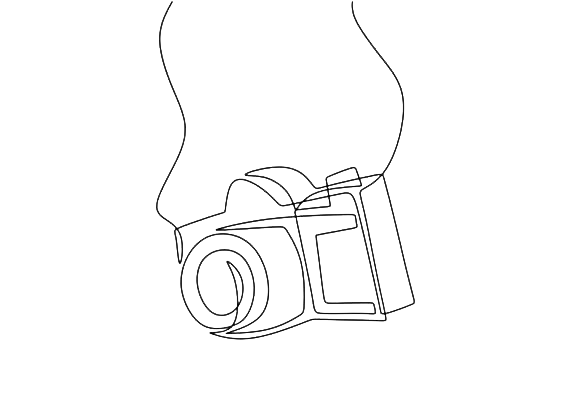 Line drawing of a camera hanging from a neck strap.