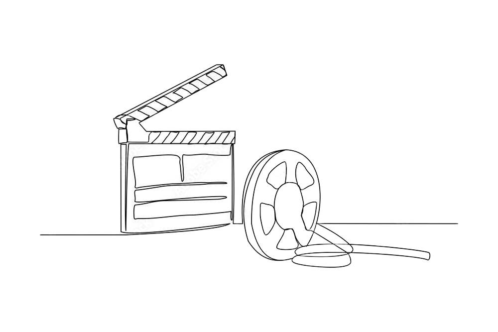A movie clapperboard and a film reel on a flat surface.