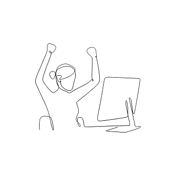 A person wearing headphones and a face mask sitting at a desk with a computer, raising their arms in celebration.