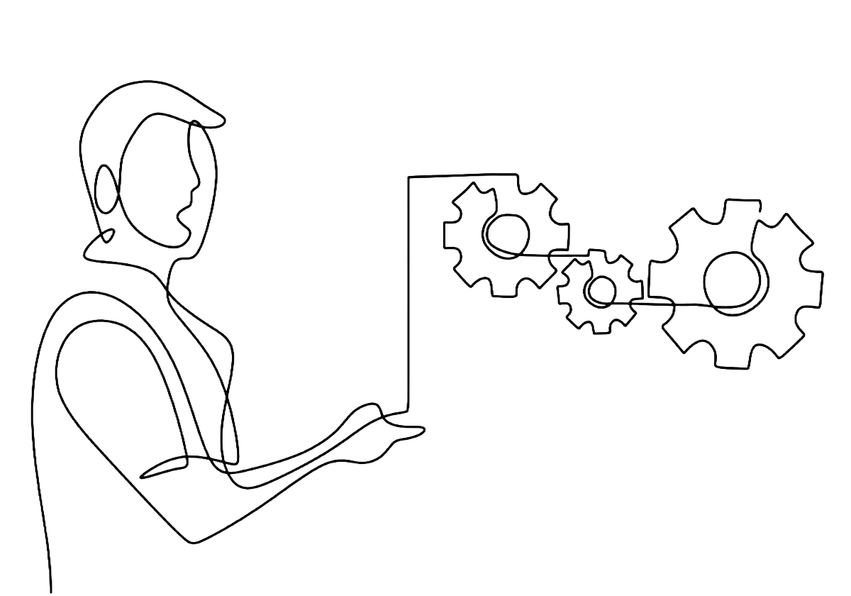 Line drawing of a person with a headset looking at interconnected gears.