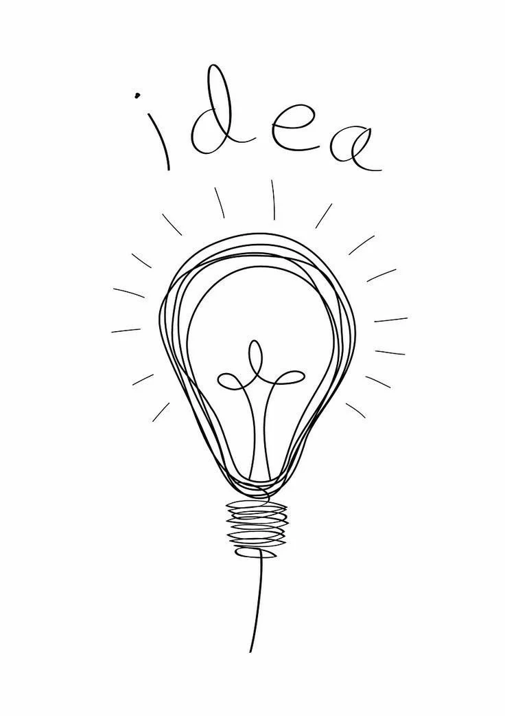 A minimalist line drawing of a lightbulb with the word 'idea' written above it.