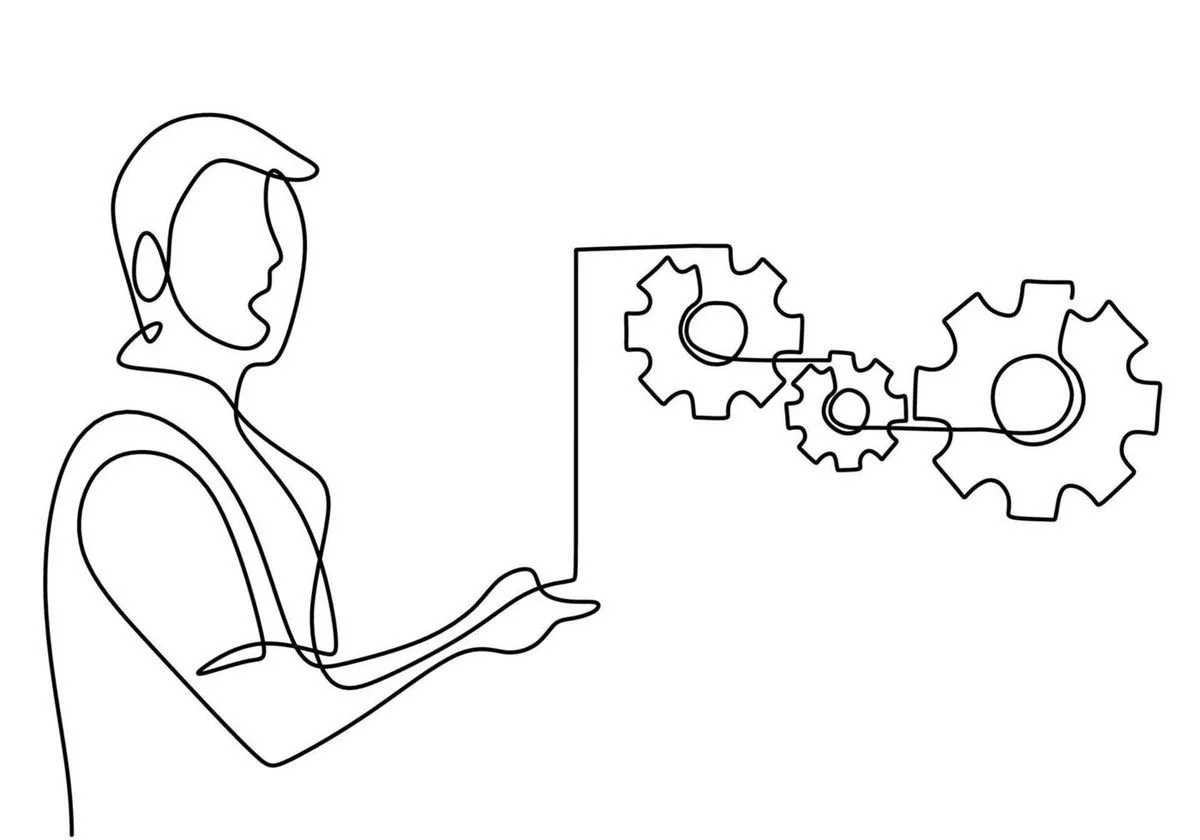 Line drawing of a person looking at interconnected gears.