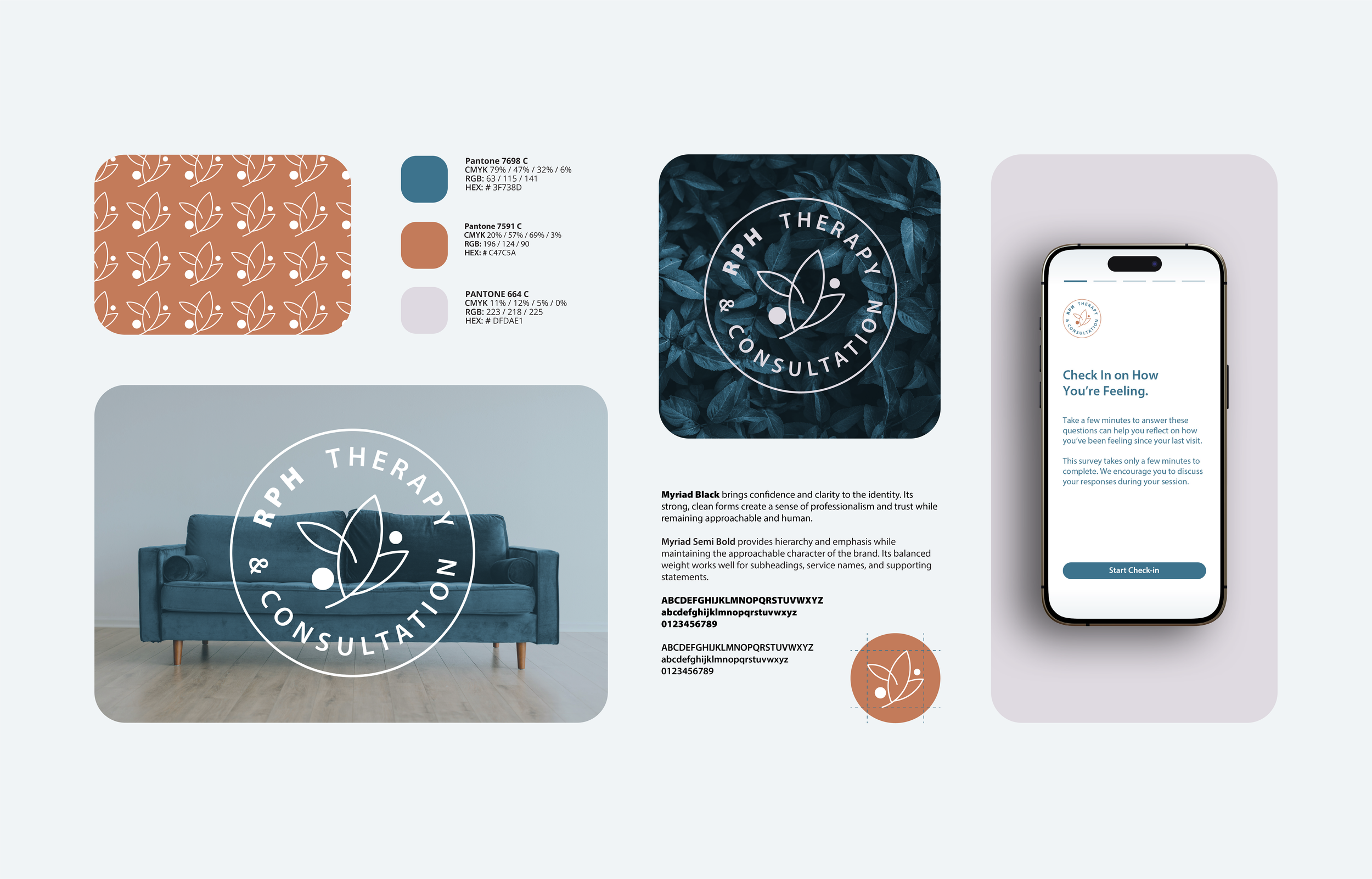 Design branding materials for RPH Therapy Consultation, including logo, color palette, and sample mobile app interface.