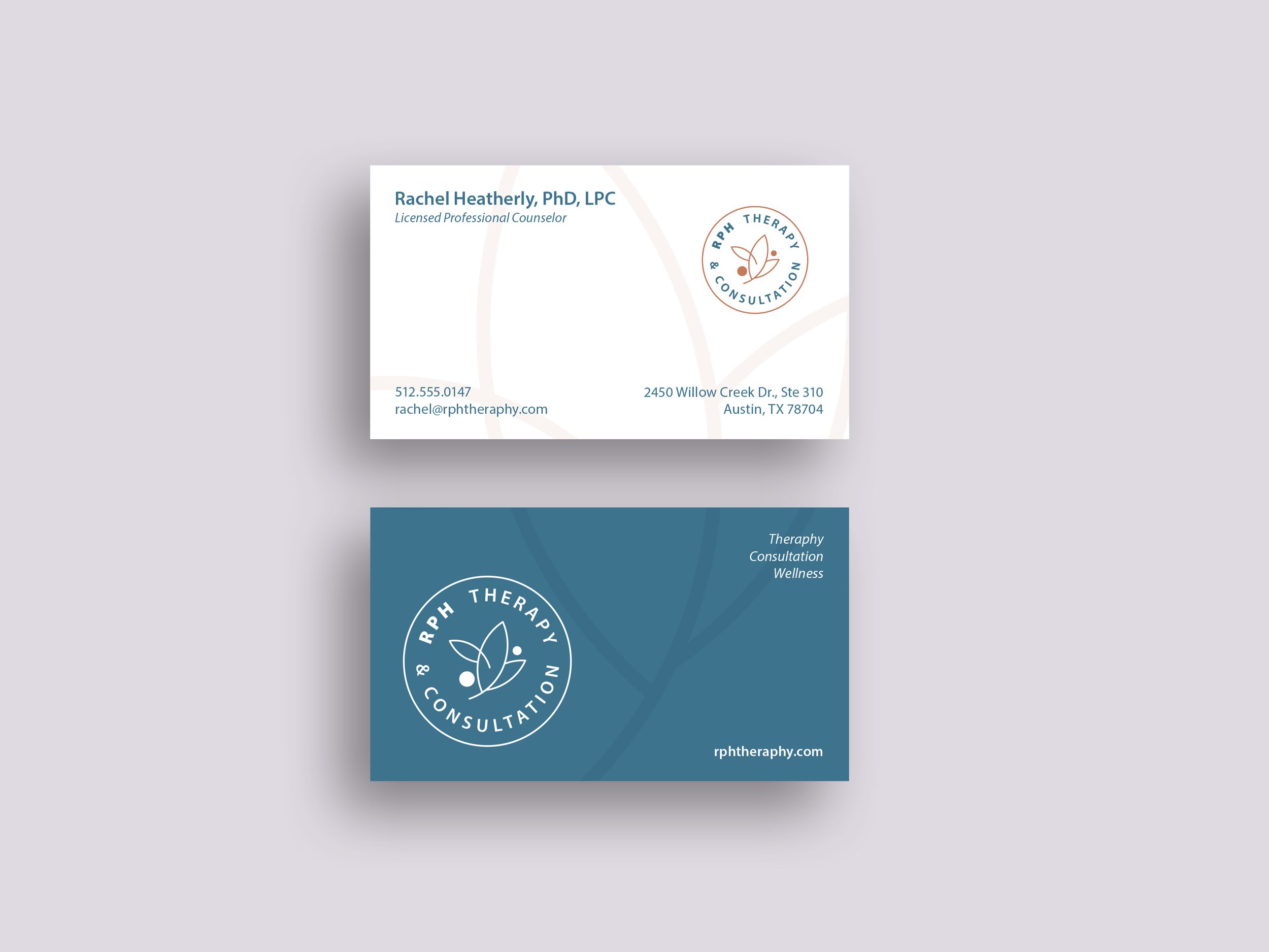 Business card for Rachel Heatherly, PhD, LPC, licensed professional counselor, with contact information and a logo for RPH Therapy & Consultation.