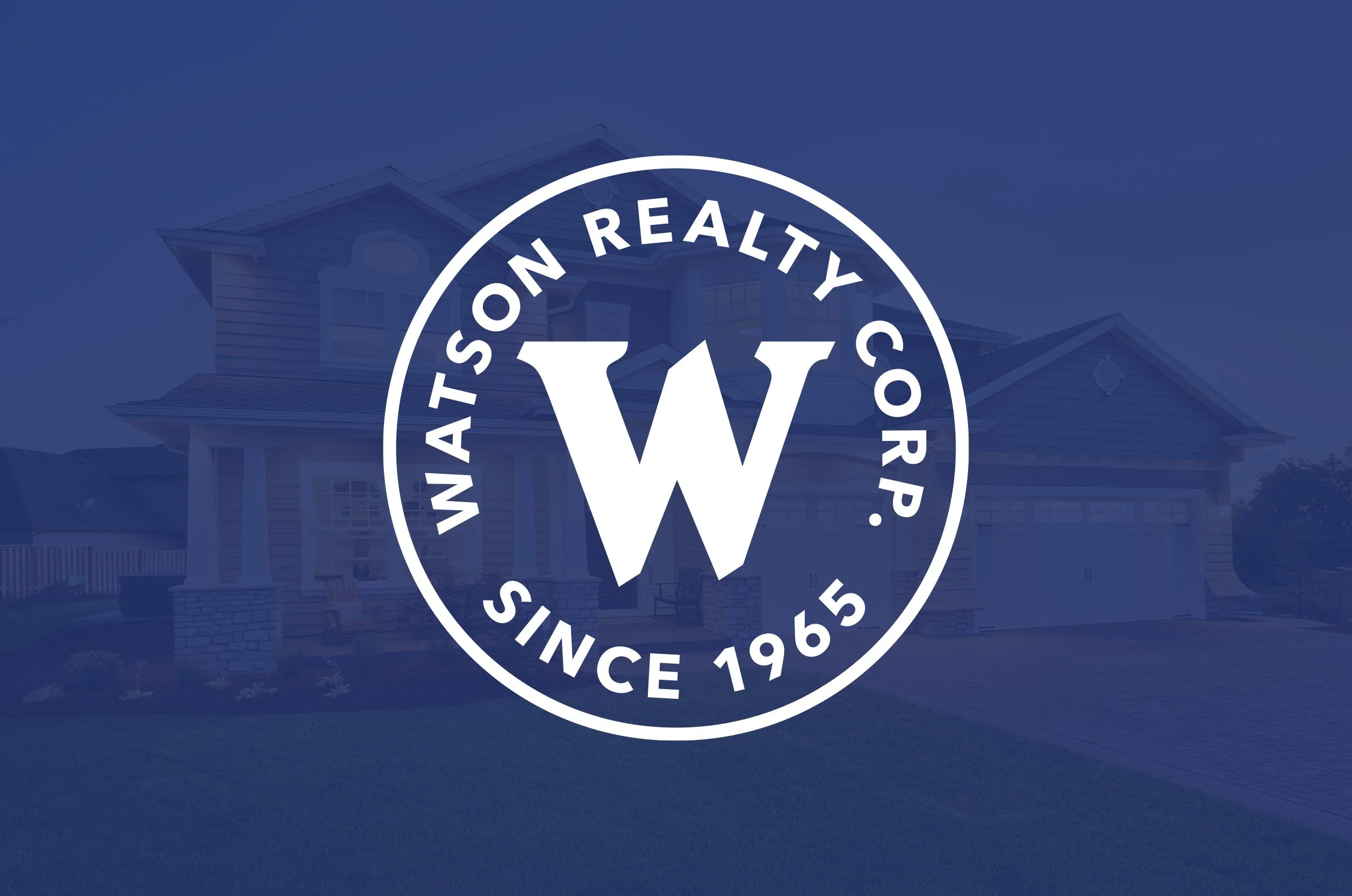 A large house with multiple stories and a front porch, partly obscured by a circular logo that reads 'Inston Realty' and includes the text 'Since 1965.' The image has a blue overlay.