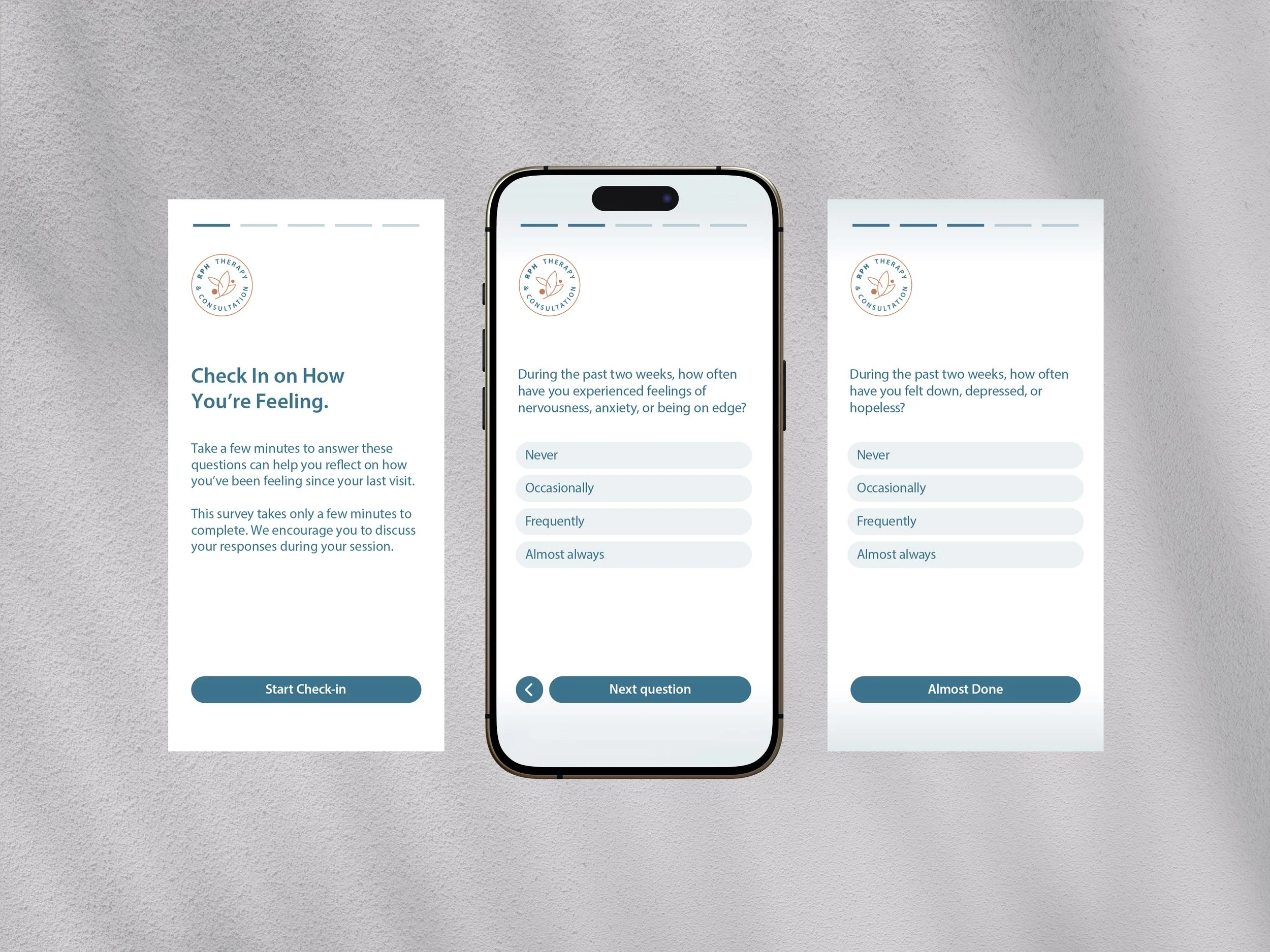 Mobile phone displaying a mental health check-in survey with questions about feelings of nervousness, depression, or hopelessness over the past two weeks, and buttons labeled 'Start Check-in', 'Next question', and 'Almost Done'.