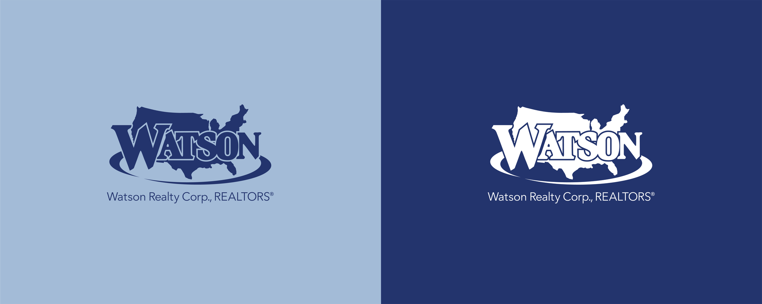 Comparison of two logo designs for Watson Realty Corp., REALTORS, featuring a map outline of the United States and a circle, with different background and text styles.