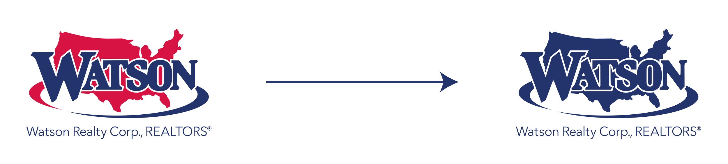 Comparison of the Watson logo before and after a design change, with a red map of the United States on the left and a blue map on the right, along with the text "Watson Realty Corp., REALTORS®" beneath both logos.