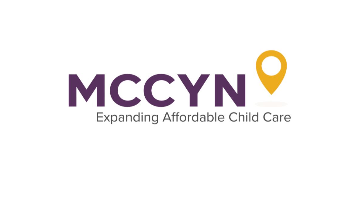 Logo for MCCYN with the tagline "Expanding Affordable Child Care," featuring stylized text and a location pin icon.
