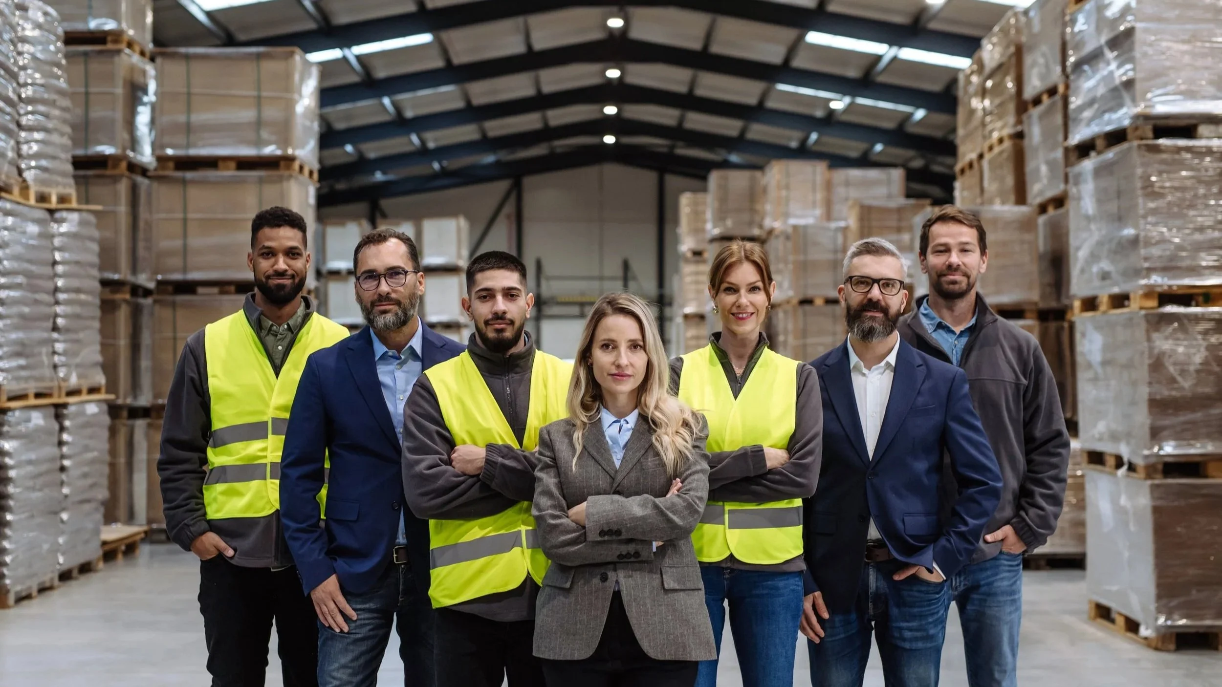 Group of seven diverse warehouse workers and managers standing with crossed arms inside a large storage facility with stacked pallets wrapped in plastic. Team that gets paid in bitcoin wages.
